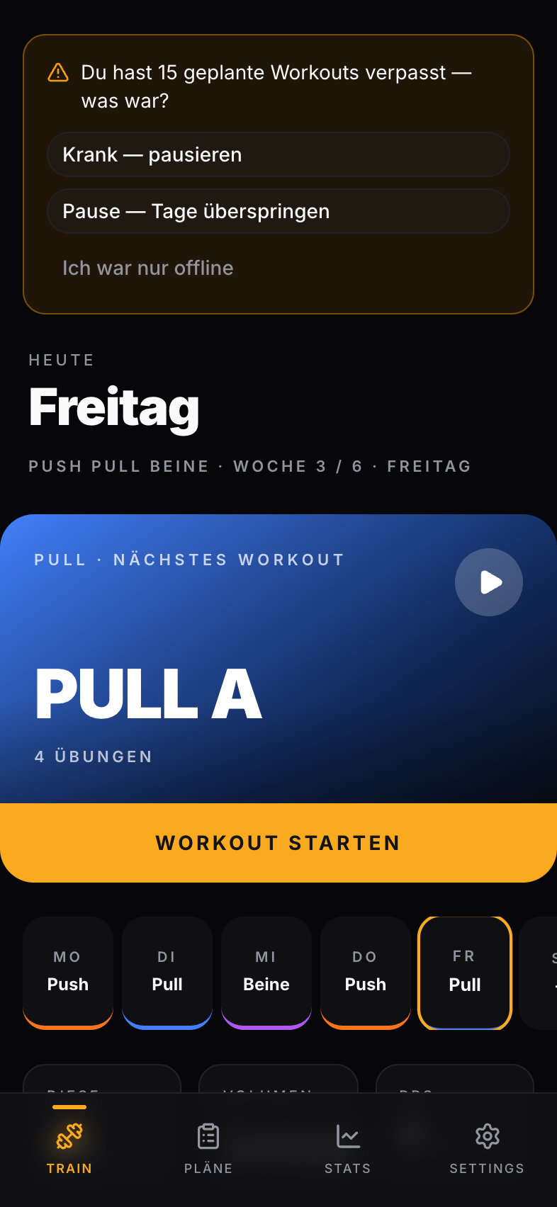Train-Hub mit Programm-Header, dem nächsten Workout als Hero-Card und WeekStrip am unteren Rand.