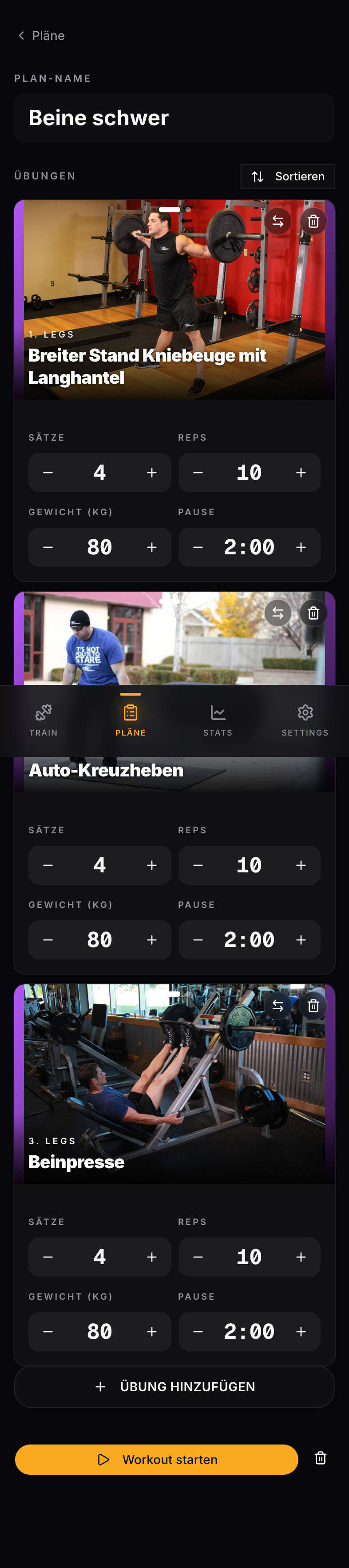 Detail-Ansicht eines Trainingsplans mit Übungs-Liste und Workout-Starten-Button.