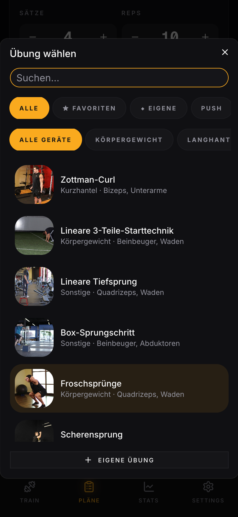 Übungs-Picker mit Filter-Reihen: Alle/Favoriten/Eigene/Push und Equipment-Filter darunter.