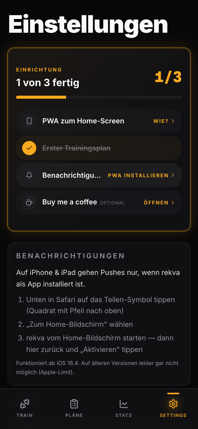 Settings-Seite mit der Onboarding-Checkliste oben — fünf Schritte mit Fortschritts-Anzeige.