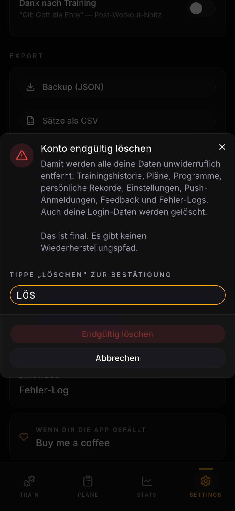 Konto-Löschen-Dialog mit Type-to-Confirm-Eingabefeld.