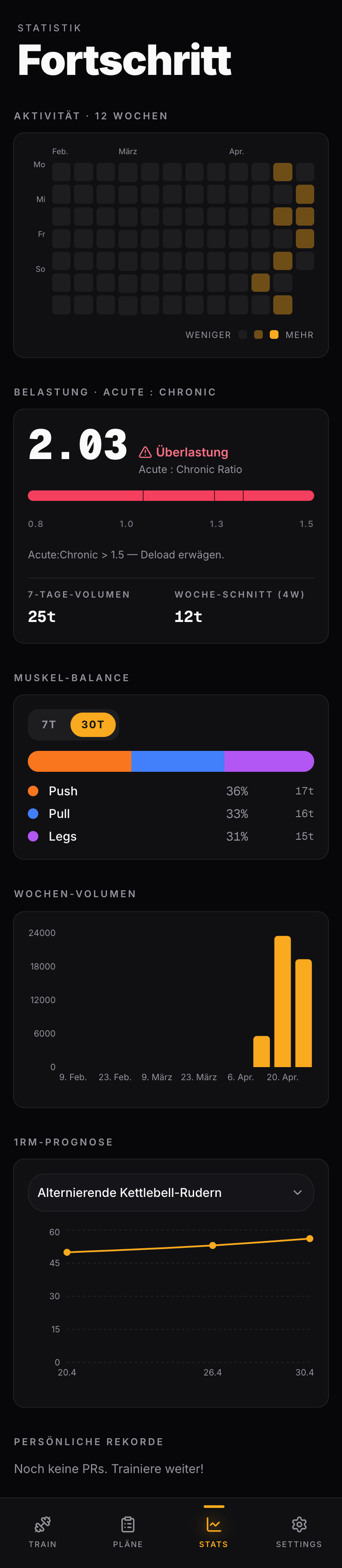 Stats-Übersicht mit Heatmap, Acute:Chronic-Belastung, Volumen und Übungs-Progression.