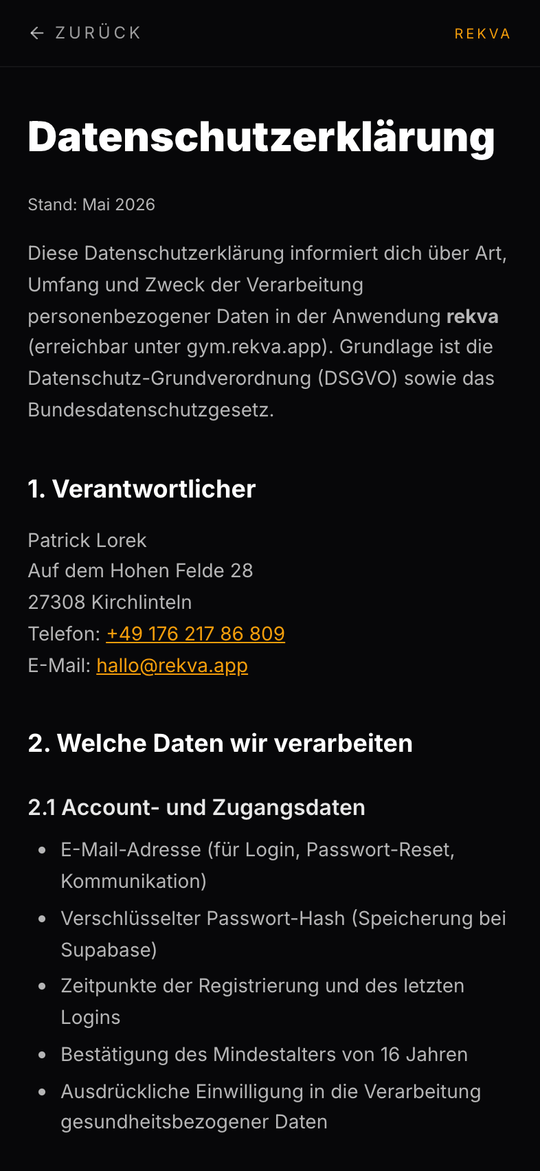 Datenschutzerklärung in der App, Kopfbereich mit Stand und Verantwortlicher.