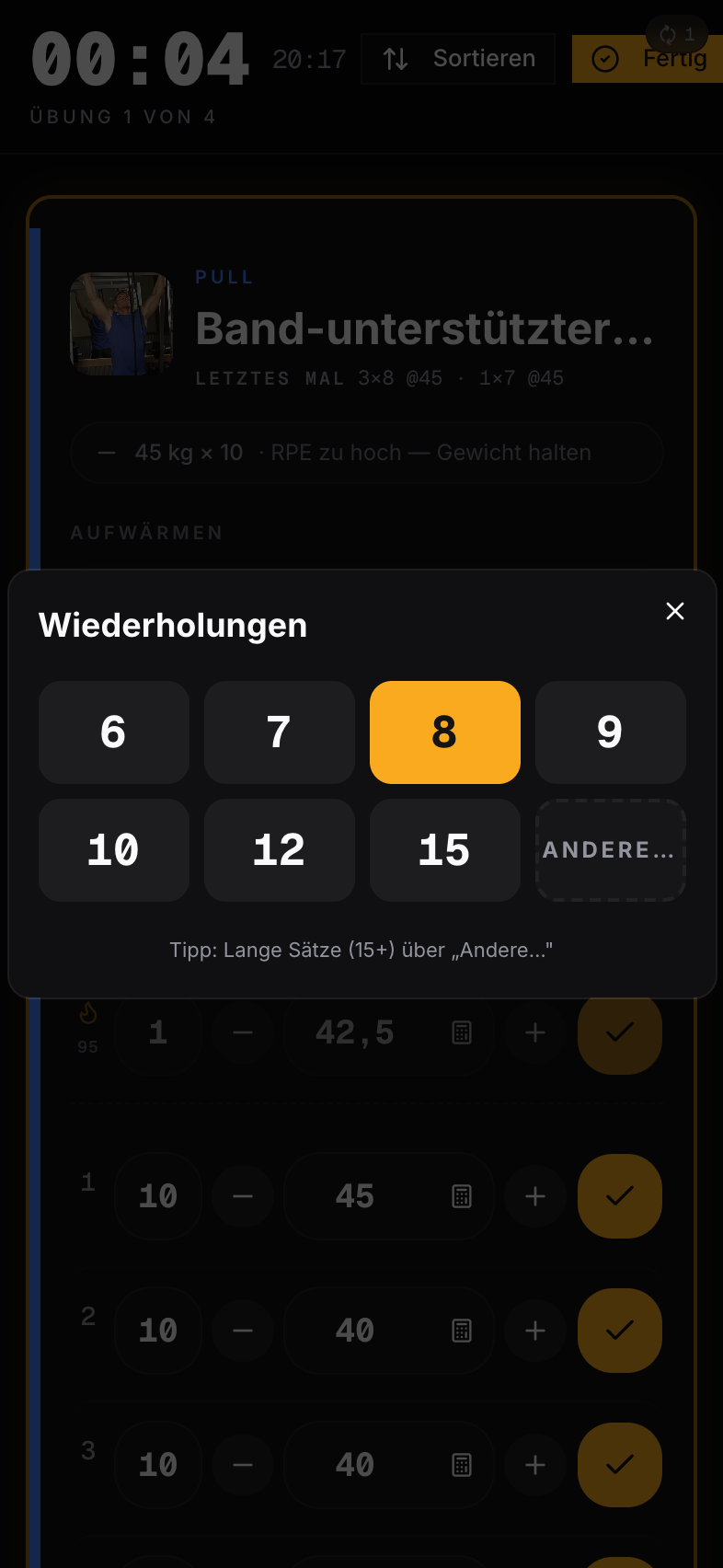 Reps-Picker als Bottom-Sheet mit Quick-Chips 6, 7, 8, 9, 10, 12, 15 und Andere-Button.